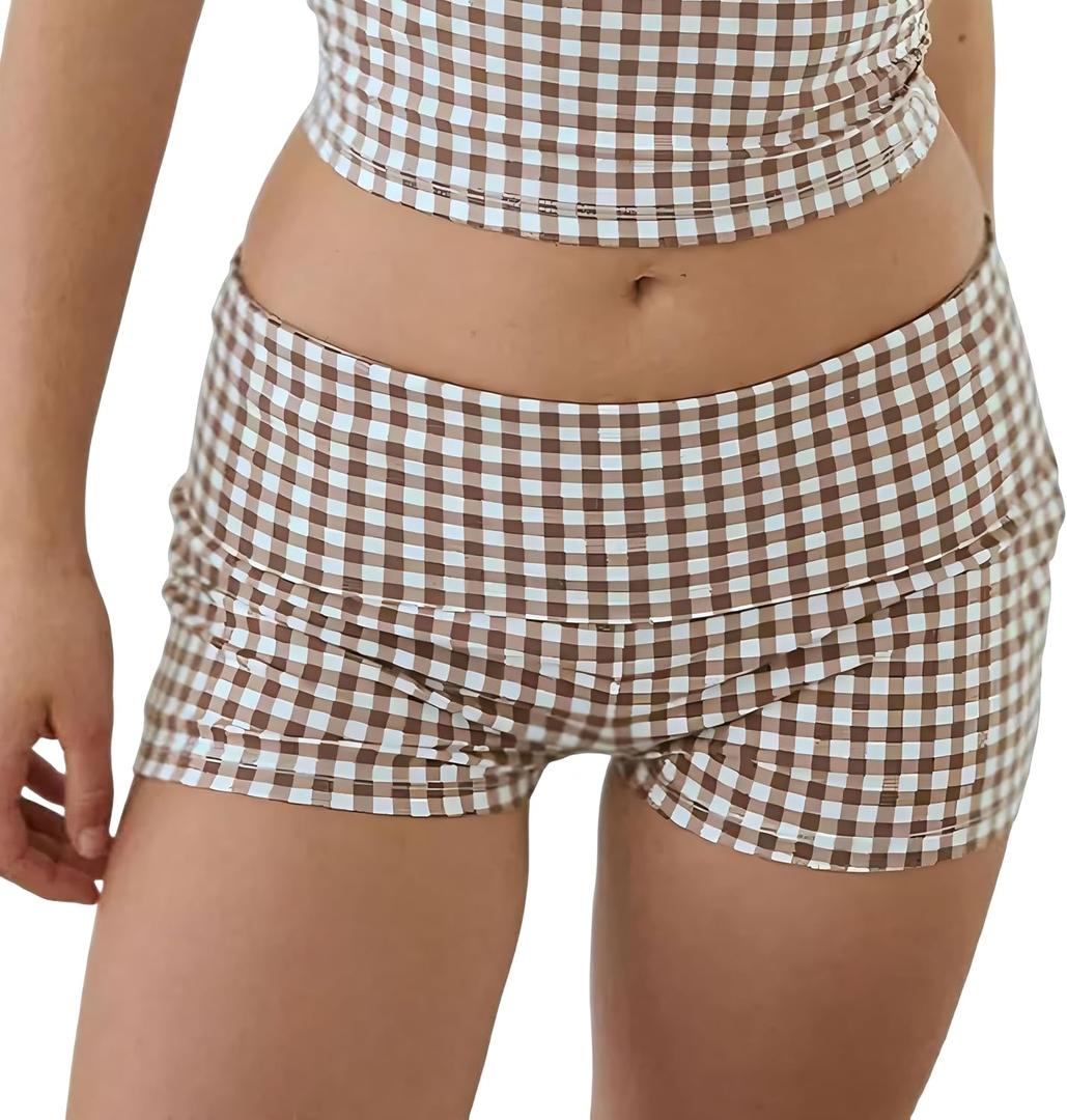Womens Fold Over Shorts Elastic Waist Y2k Striped Shorts Skinny Pajamas Mini Sleepwear Stretchy Yoga Shorts (S)