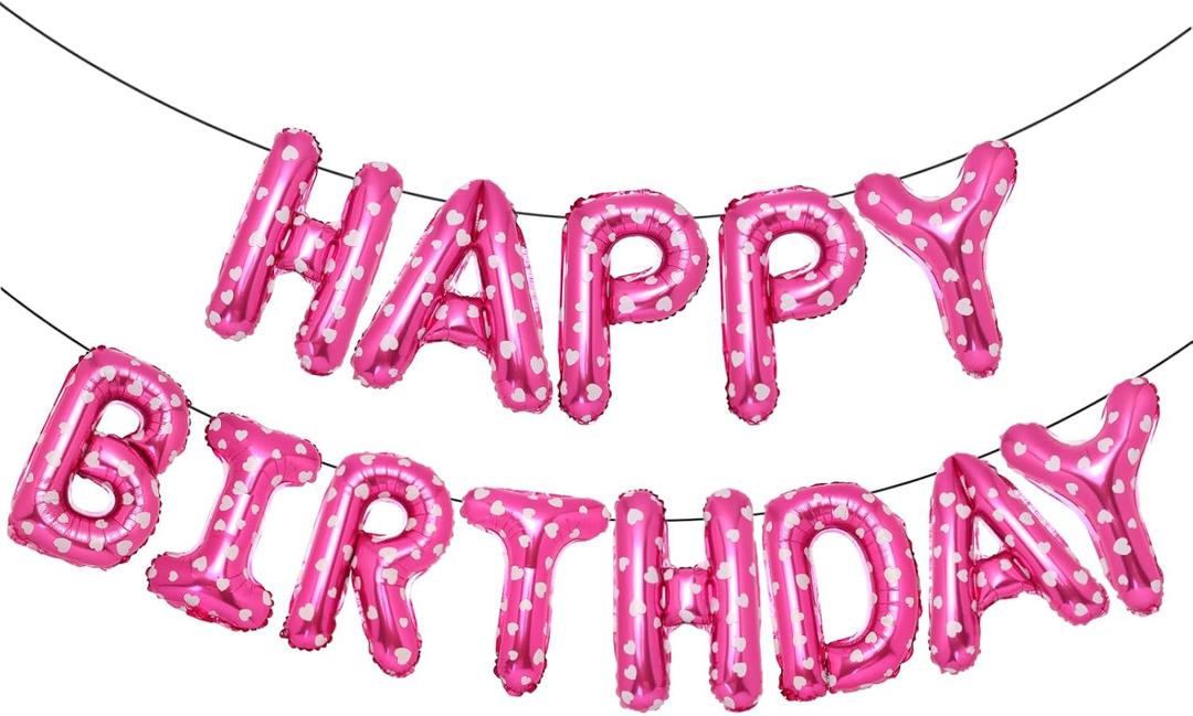 Accevo Pink Happy Birthday Banner,16 Inch Mylar Foil Letters Balloons Heart Pattern Balloons Happy Birthday Balloon for Kids, Child, Adults, Boys & Girls Birthday Party Decorations Happy Birthday Sign (Pink Wave Point)