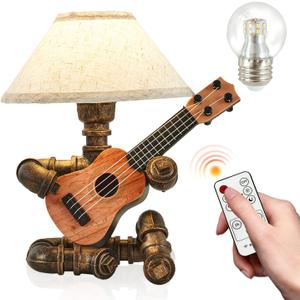 Vintage Industrial Robot Guitar Table Lamp with Bulb - Remote Control,Timer,Dimmable - Cool Gifts for Music Lovers,Men,& Musicians - Steampunk & Retro Style Bronze