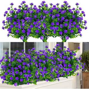 12 Bundles Outdoor Artificial Flowers UV Resistant Fake Boxwood Plants, Faux Greenery for Indoor Outside Hanging Plants Garden Porch Window Box Home Wedding Farmhouse Dcor (Purple)