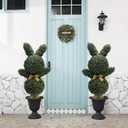 36'' Artificial Bunny-Shaped Topiary Double Ball Tree Pot UV-Resistant Bowknot Easter Decor Faux Boxwood Topiaries Plant for Porch Decor Outdoor/Indoor 2 Pack