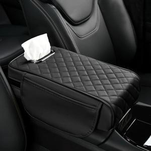 Car Center Console Cover, 13"7.09"2.95" Leather Car Armrest Cover with Pockets & Tissue Box, Comfortable Auto Armrest Cushion, Universal Arm Rest Protector for Car SUV Truck (Black)