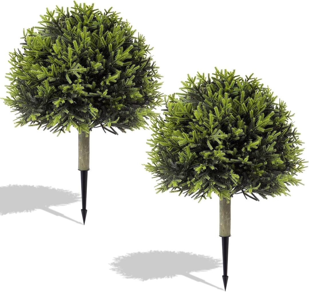 Capoda 2 Pack 24" Artificial Norfolk Pine Topiary Ball Trees with Ground Spike, Christmas Outdoor Shrubs, Fake Plants for Winter Holiday Xmas Outdoor Indoor Front Door Porch Patio Garden Yard Decor