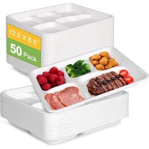 Compostable 5 Compartment Plates Disposable, 12.5 x 8.5 inch, [50-Pack] Heavy Duty Paper Plates with dividers, Sturdy School Lunch Trays, White Large Paper Dinner Plates for Buffet Party