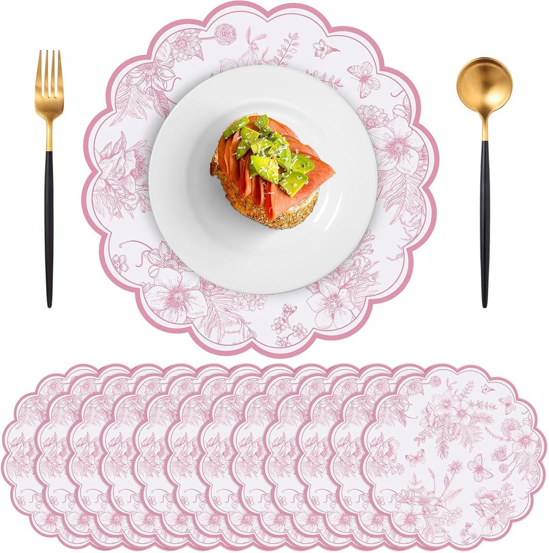 60 Pcs Pink Floral Paper Placemats, 13.5 Inch Disposable Scalloped Table Mats Wedding Placemats, Vintage Floral Banquet Place Mats for Table Setting Mother's Day Anniversay Wedding Bridal Tea Party