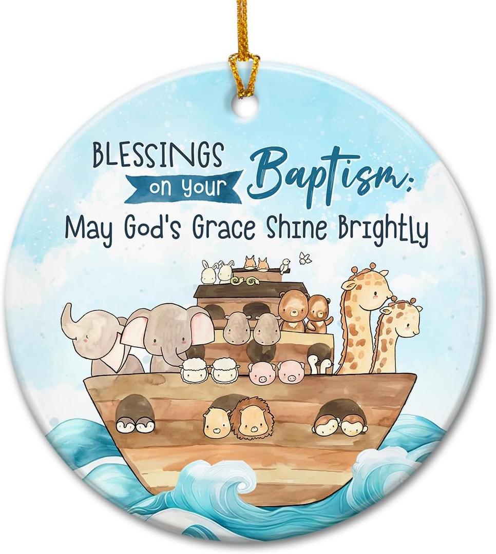 Christmas Baptism Ornament 2025 - Noah's Ark Baptism Gifts for Baby, Boys, Girls, Christening Gifts for Son, Daughter - Ceramic Religious Godchild Ornament from Godparents Hanging Decorations