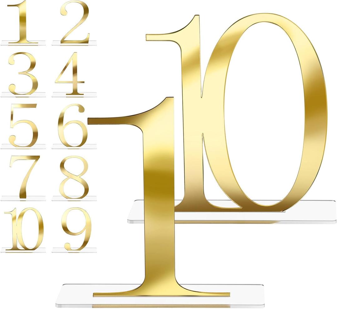 SiliFine 10 Pcs Wedding Table Numbers 1-10 Signs Acrylic Mirror Table Numbers with Protective Film for Wedding Reception Party Birthday Anniversary Event Decorations(Gold)