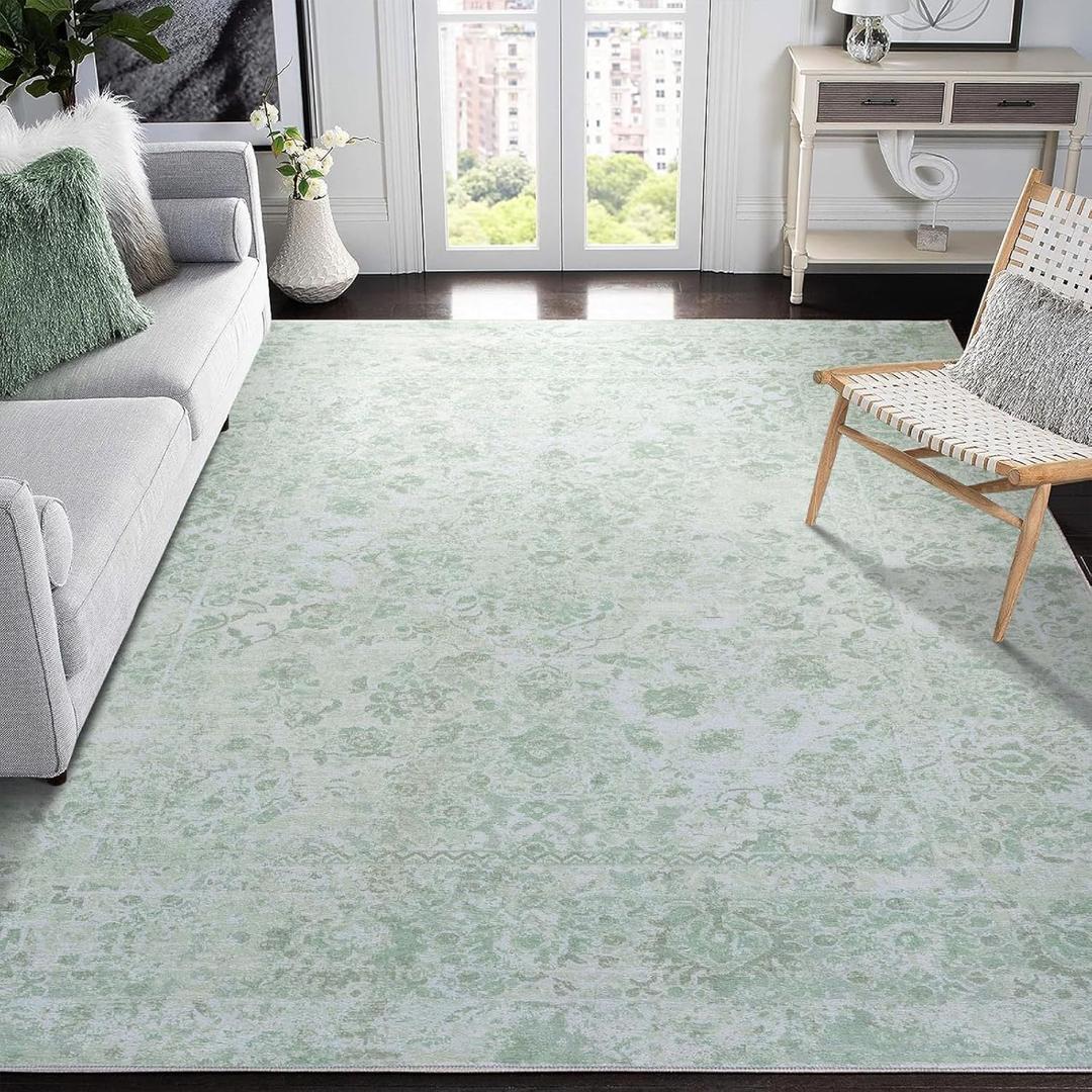 5x7 Area Rugs, Washable Floral Boho Large Rugs, Non Slip Low Pile Ultra-Thin Carpet, Indoor Door Mat for Living Room, Kids Playroom, Bedroom, Girls Dorm, Nursery (Vintage Green Floral)