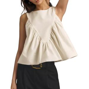 Wyeysyt Peplum Tops for Women Shirred Swing Tank Tops Pleated Flowy Vest Casual Sleeveless Blouse Loose Fit Ruffled Shirts, Size Medium, White  