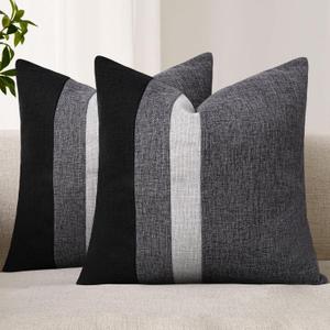 Adabana Set of 2 Linen Pillow Covers Decor Square Patchwork Throw Pillow Covers 18x18 Inch Farmhouse Cushion Covers Decorative Couch Bedroom Sofa Living Room,Grey