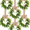 6 Pcs Christmas Kitchen Cabinet Wreaths with Ribbon Small Mini Christmas Wreath for Window Door Chair Wall Xmas Decoration(Rustic)