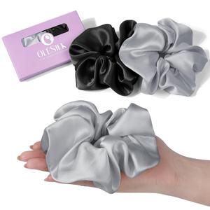 OLESILK Silk Scrunchies Oversized 100% Mulberry: Large for Long Thick Hair, Soft and Smooth for No Damage Hair Care Sleeping, Vintage Fashion (1 Count (Pack of 2), Silver)