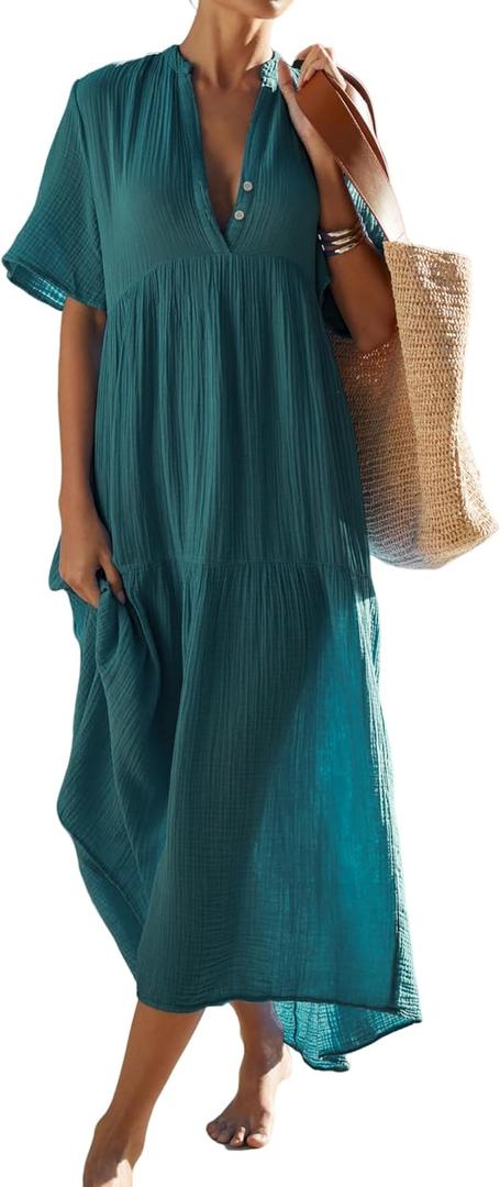 R.Vivimos Womens Summer Cotton Flowy Maxi Dress Short Sleeve V Neck Empire Waist Boho Tiered Ruffle Casual Loose Long Dresses (M)