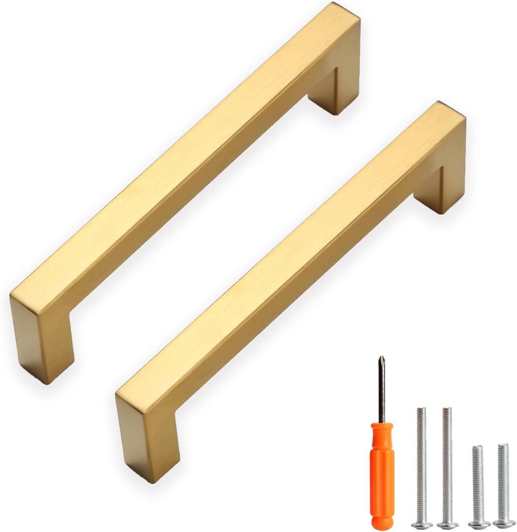 Cabinet Pulls Gold Cabinet Handles Square Drawer Pulls, 20 Pack 5 Inch Stainless Steel Kitchen Door Cupboard Cabinet Handles, Drawer Hardware Handles, 128mm Hole Centers
