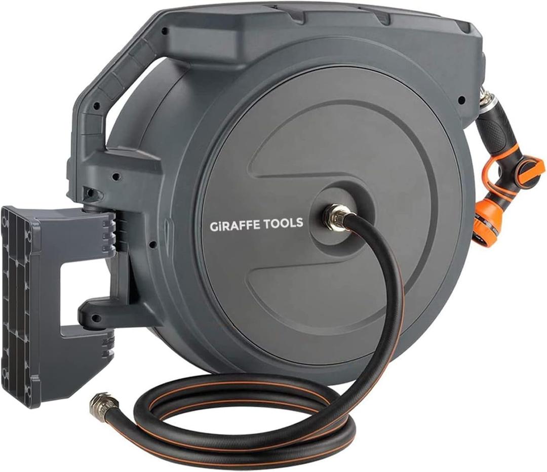 Giraffe Tools Retractable Garden Hose Reel, 5/8" x 90 ft Pro Wall Mounted Hose Reels with 180° Metal Bracket, Any Length Lock Hose Reel with 9- Function Sprayer Nozzle