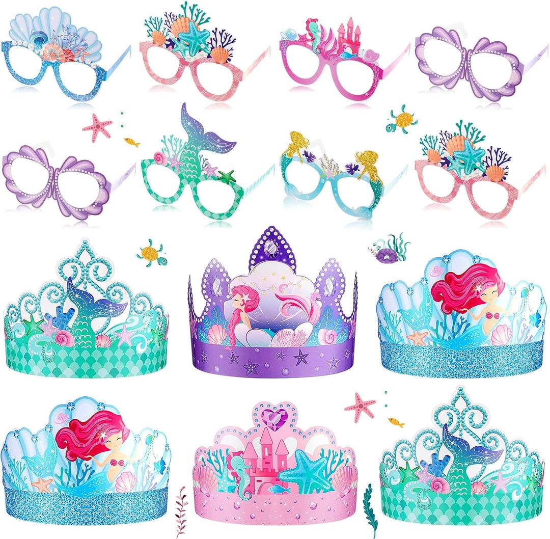 Gueevin 40 Pcs Mermaid Birthday Decorations Mermaid Party Hats Mermaid Party Favors Mermaid Themed Paper Eyeglasses Mermaid Crowns Mermaid Party Decorations Hats for Birthday Party Decor