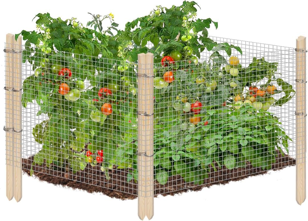 Ease to Install Garden Fence Animal Barrier Set - Included 15.8ft x 16in Rustproof Metal Wire Net, 8pcs Cedar Stakes, Gloves, for Raised Garden Bed Plant Protectors from Rabbit, Chickens, Puppies