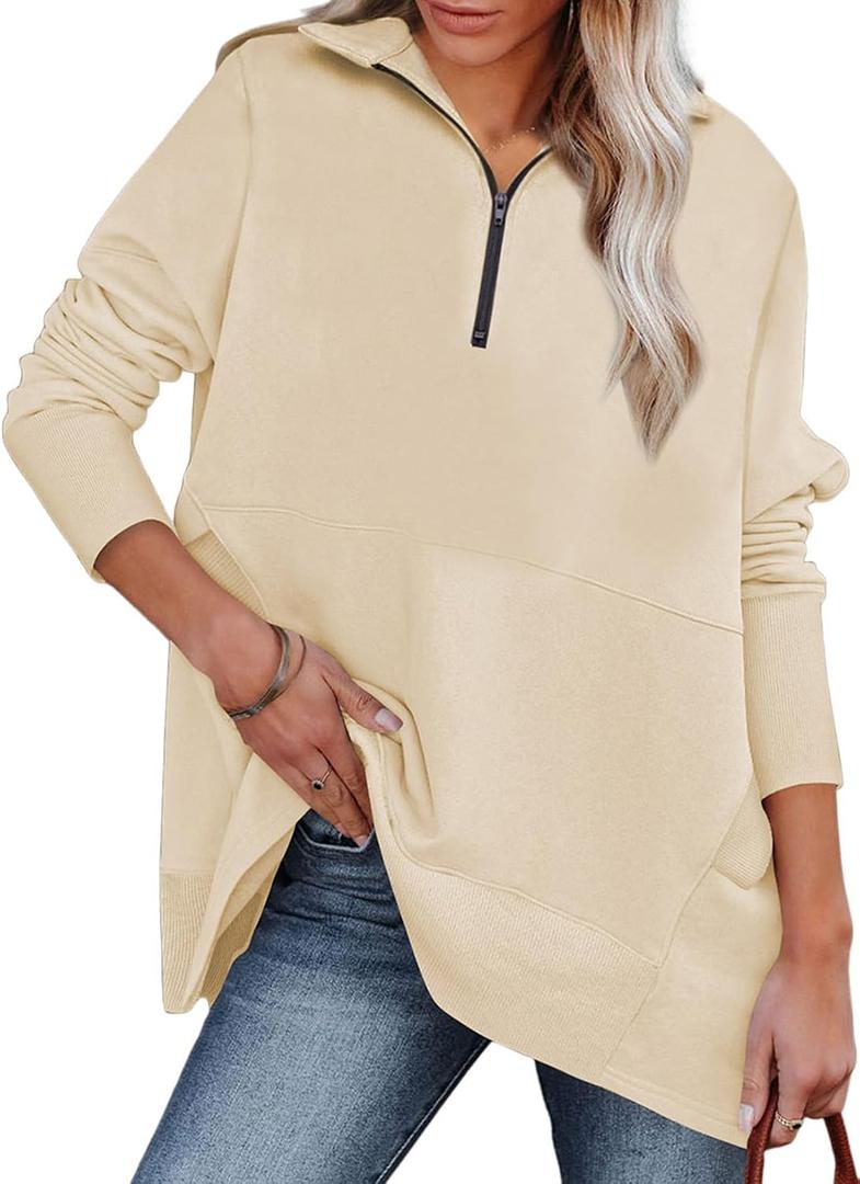 Dokotoo Women's Casual Oversized Half Zip Sweatshirts Long Sleeve Solid Color Pullover Jackets with Pockets (S)