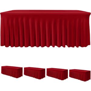 HolidayIdeas 4 Pack Red Spandex Table Skirt for 6 Ft Rectangle Tables, Fitted Stretch Tablecloth 30 x 72 Inch, Wrinkle Resistant Ruffle Design for Valentine's Day, Mother's Day, Trade Shows, Parties