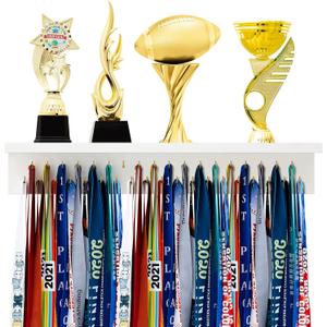 Threehoney Wooden Medal Hanger Display Trophy Holder Shelf with 25/37/49/65/83 Hooks Wall Mount Ribbon Holder Gift for Gymnastics Running Soccer Awards