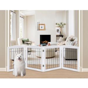 LZRS 4-Panel Extra-Wide Wooden Freestanding Dog Gate: Foldable Solid Wood and Steel Wire Chew Resistant Safety Barrier for Doorways, Stairs, and Large Open Spaces Indoor Use, White