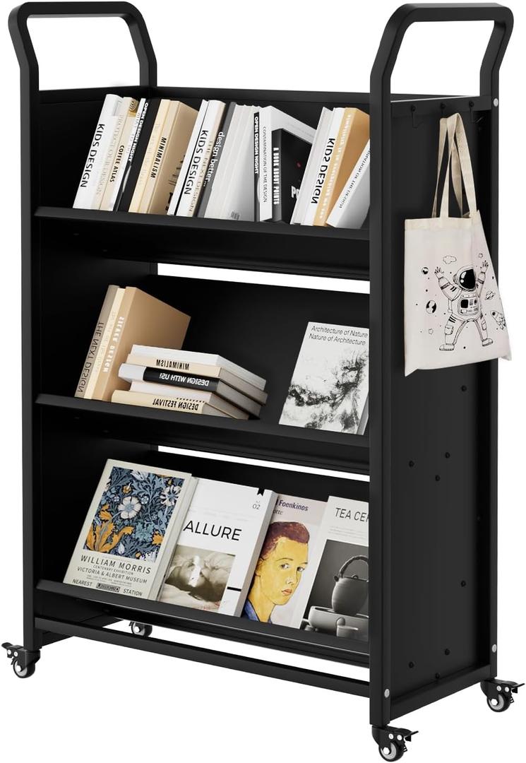 GarveeHome Book Cart, V-Shaped Metal Rolling Cart with 4 Lockable Wheels & Side Hooks, 3-Tier Storage Bookshelf for Home Library School Office Study(32 in x14 in x49 in), Black