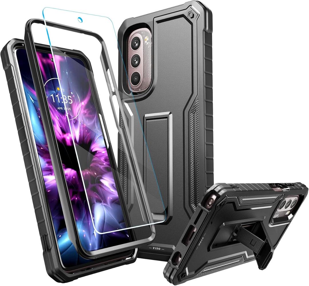 FITO for Moto G Stylus 2022 Case, Dual Layer Shockproof Heavy Duty Case for Moto G Stylus 2022 Phone with Screen Protector, Built-in Kickstand (Black)