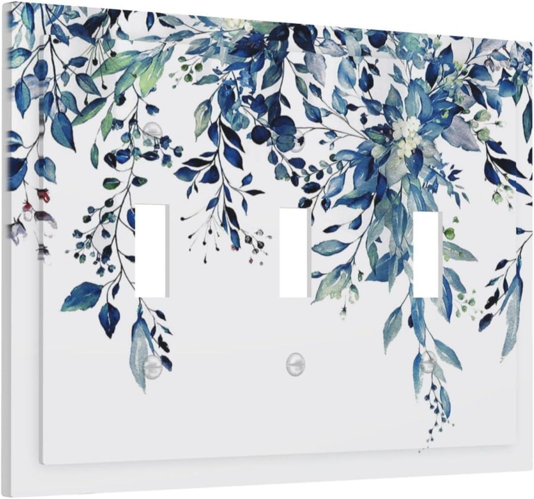 Blue Eucalyptus Watercolor Leaves 3 Gang Light Switch Plate Decorative Green Plant Triple Toggle Wall Plate Cover Electrical Faceplate Switchcover for Kidroom Bathroom Home Bedroom Art Panel Decor
