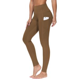 THE GYM PEOPLE Thick High Waist Yoga Pants with Pockets, Tummy Control Workout Running Yoga Leggings for Women (Small, Dark Brown)