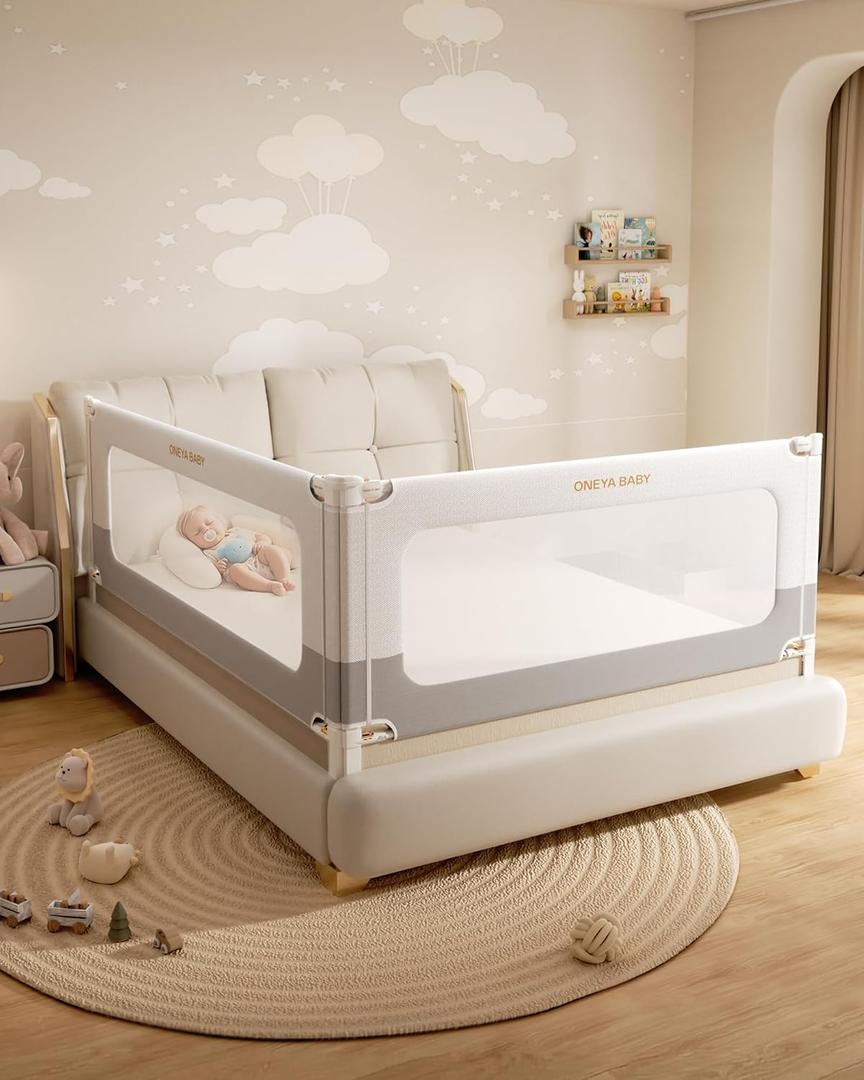 2 Piece Bed Rails for Queen Bed, No-Drill Needed Baby Bed Rail Guard for Toddlers with Height Adjustable, Thickened Child Safety Side Railing Guards/Bedrail for Kids, White/Grey, 60x78.7Inches