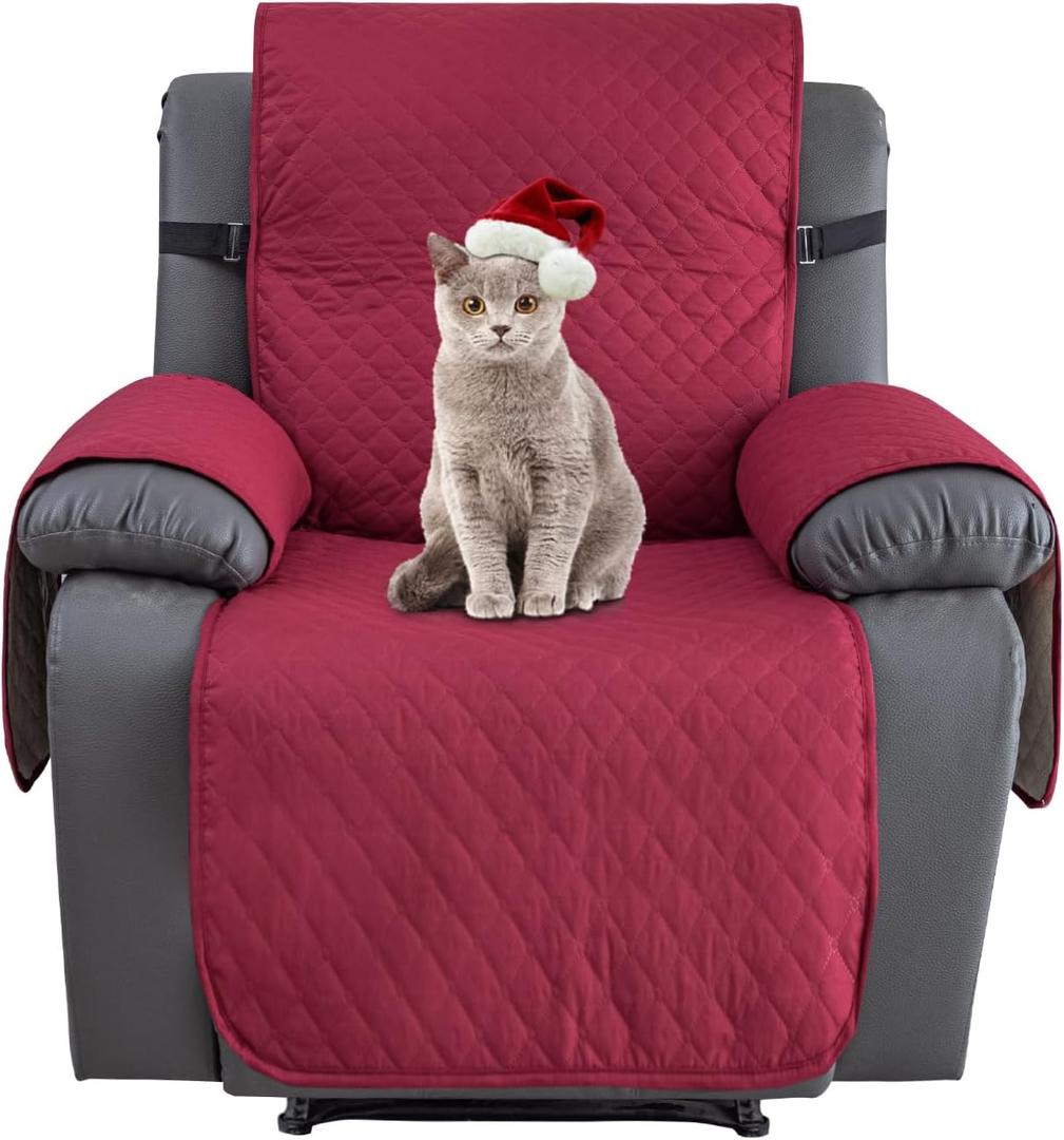 XINEAGE Water Resistant Recliner Cover, Nonslip Recliner Chair Covers for Reclining Chair with Pockets, Quilted Thick Recliner Slipcovers for Pets and Kids (Recliner Chair, Red) (1 Seater Recliner)