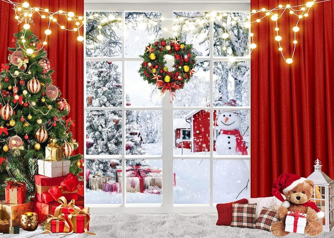 Christmas Window Backdrop 10x8ft Red Curtain Photography Backdrop Winter Xmas Party Banner Decorations Background Xmas Holiday Party Photo Booth D649