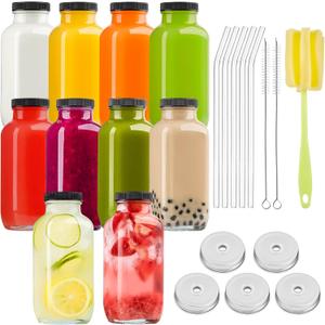 Kucoele 16oz Glass Juice Bottles with Lids, 10 Pack Reusable Smoothie Cups Water Bottles Drinking Jars with Glass Straws, Brush, Lids with Hole