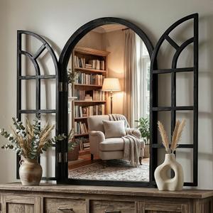 Arched Window Mirrors for Wall, Wooden Rustic Farmhouse Mirror for Wall Decor 24 x 36in Black, Decorative Wall Mirror Arch for Living Room, Bedroom, Bathroom, Fireplace, Farmhouse