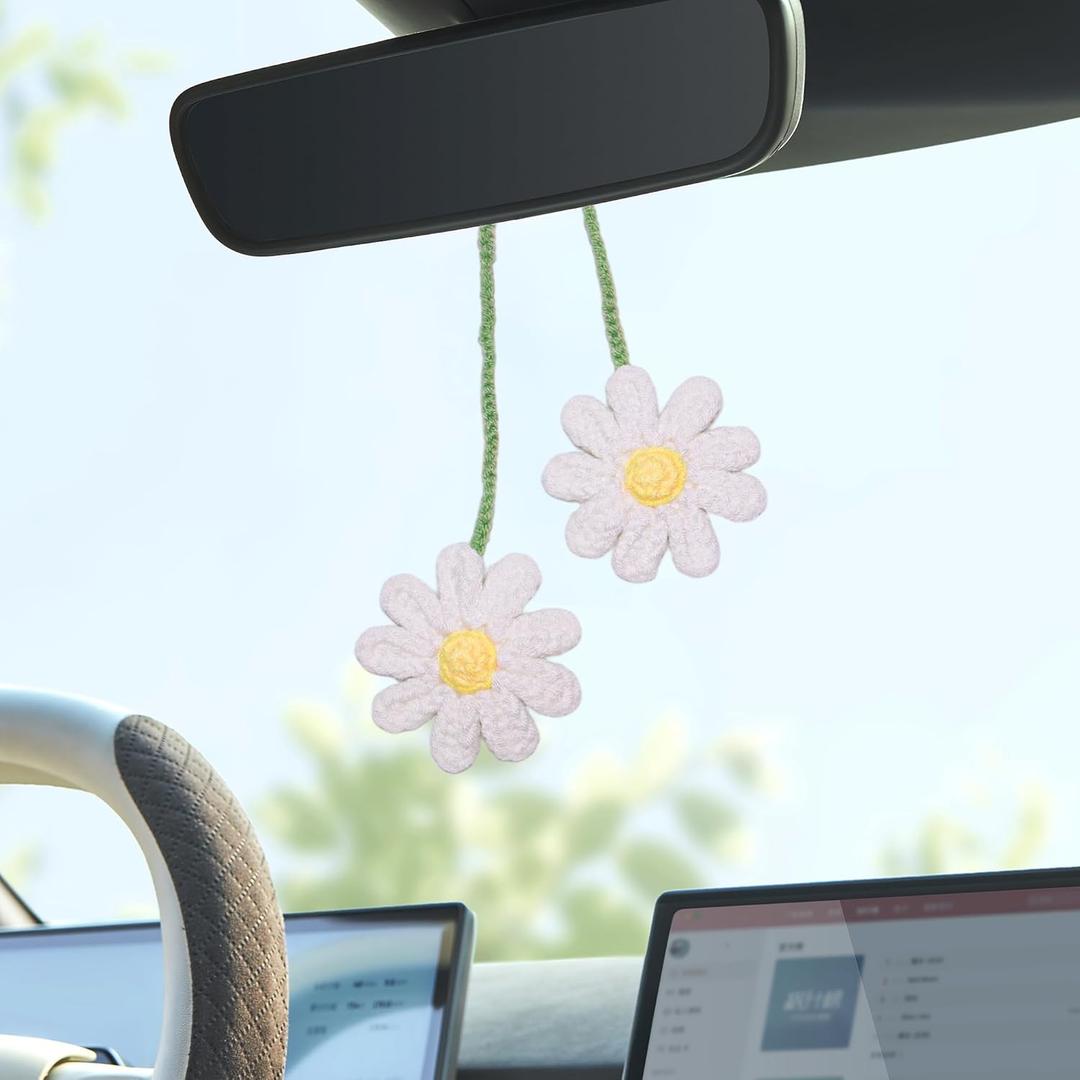 2 x Cute Crochet Plant for Car Rear View Mirror,Boho Handmade Knitted Car Mirror Hanging Accessories for Women Girls, Interior Aesthetic Decor Truck Hanger Ornament Bag Charm (Daisy)