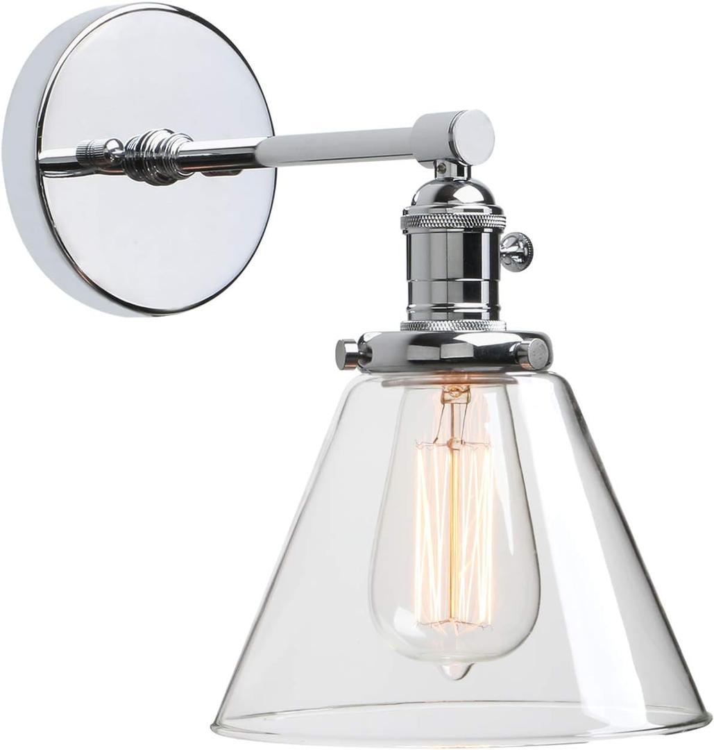 Phansthy Vintage Industrial Wall Light Bathroom Wall Sconce Indoor Hardwired 1-Light Wall Lamp with 7.3 Inches Cone Glass Lampshade for Mirror, Living Room, Hallway (Chrome)