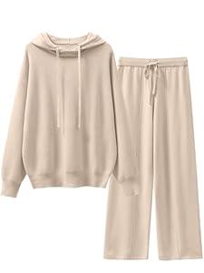 ANRABESS Women 2 Piece Outfits Sweater Sets Loose Long Sleeve Hoodies Knit Pullover Wide Leg Pants 2025 Fall Lounge Sweatsuit Beige Medium