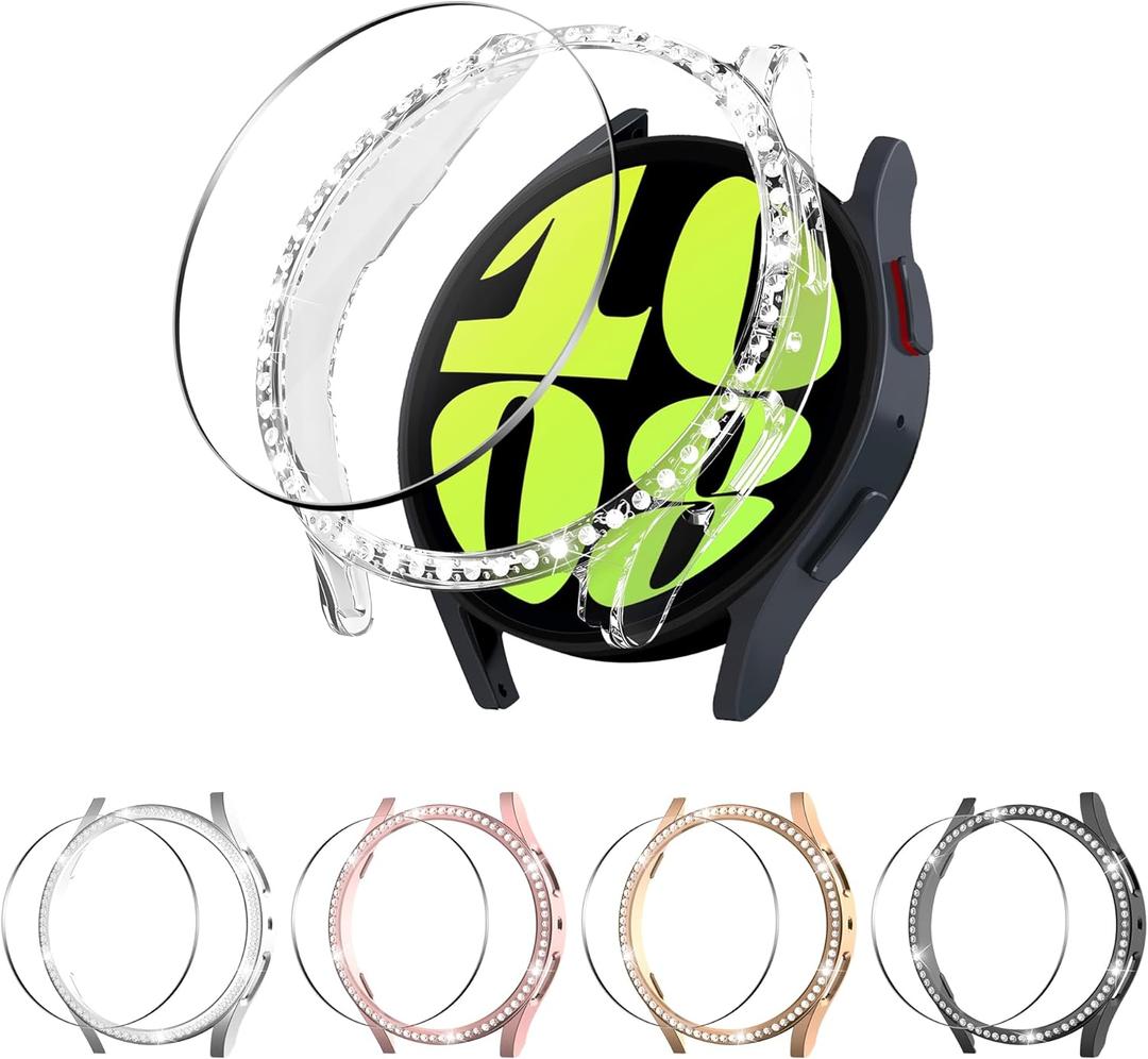 5+5 Pack Bling Case for Watch  Screen Protector, Hard PC Bumper Cover with Tempered Glass, All-around Shiny Rhinestone Case for Watch, 1.9x1.9 Inch