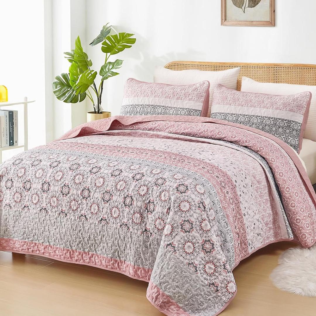 WONGS BEDDING Boho Quilt Set Queen, Bohemian Pink Striped Patchwork Bedspread Coverlet Set with 2 Pillowcases,Lightweight Microfiber Floral Bedding Set 96"90"