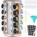 Spice Rack Organizer with Jars for Cabinet (20Pcs) Revolving/Rotating Seasoning Organizer, Stainless Steel/Wooden Countertop Rack Tower Organizer for Kitchen Pantry with Reusable Labels/Funnel/Brushes