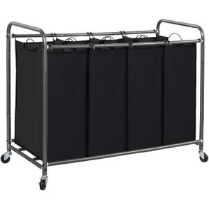 STORAGE MANIAC Laundry Sorter 4 Section, 47.8 Gal (181 L) Laundry Hamper with Wheels, Clothes Divider Basket Sorter, Clothes Separator Hamper Cart with Wheels and Removable Bags, Black