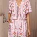 WDIRARA Women's Boho Floral 2 Piece Palazzo Pants Set Short Sleeve Blouse (Pink, M)