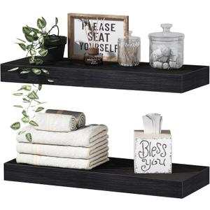 QEEIG Bathroom Floating Shelves for Wall - 15.7" Wall Mounted Shelf Over Toilet Farmhouse Home Decor Display Bookshelf Small 15.7 x 6.7 inch Set of 2, Black (008-40B)