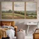 SHENIFY Extra Large Vintage Framed Wall Art White Clouds Over Vast Grassland Landscape Painting Retro Meadow Scenery Farmhouse Bedroom Above of Bed Living Room Deco - 24x36in3pcs Natural Framedr