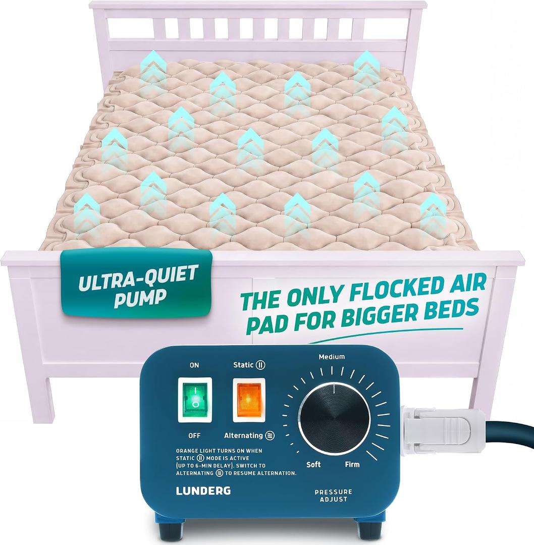 Lunderg Queen Size Alternating Air Pressure Mattress Pad with Flocking
Comfortable Bed Sore Prevention - Includes Bed Mattress Topper 53"x77" & Quiet Pump with Static Mode