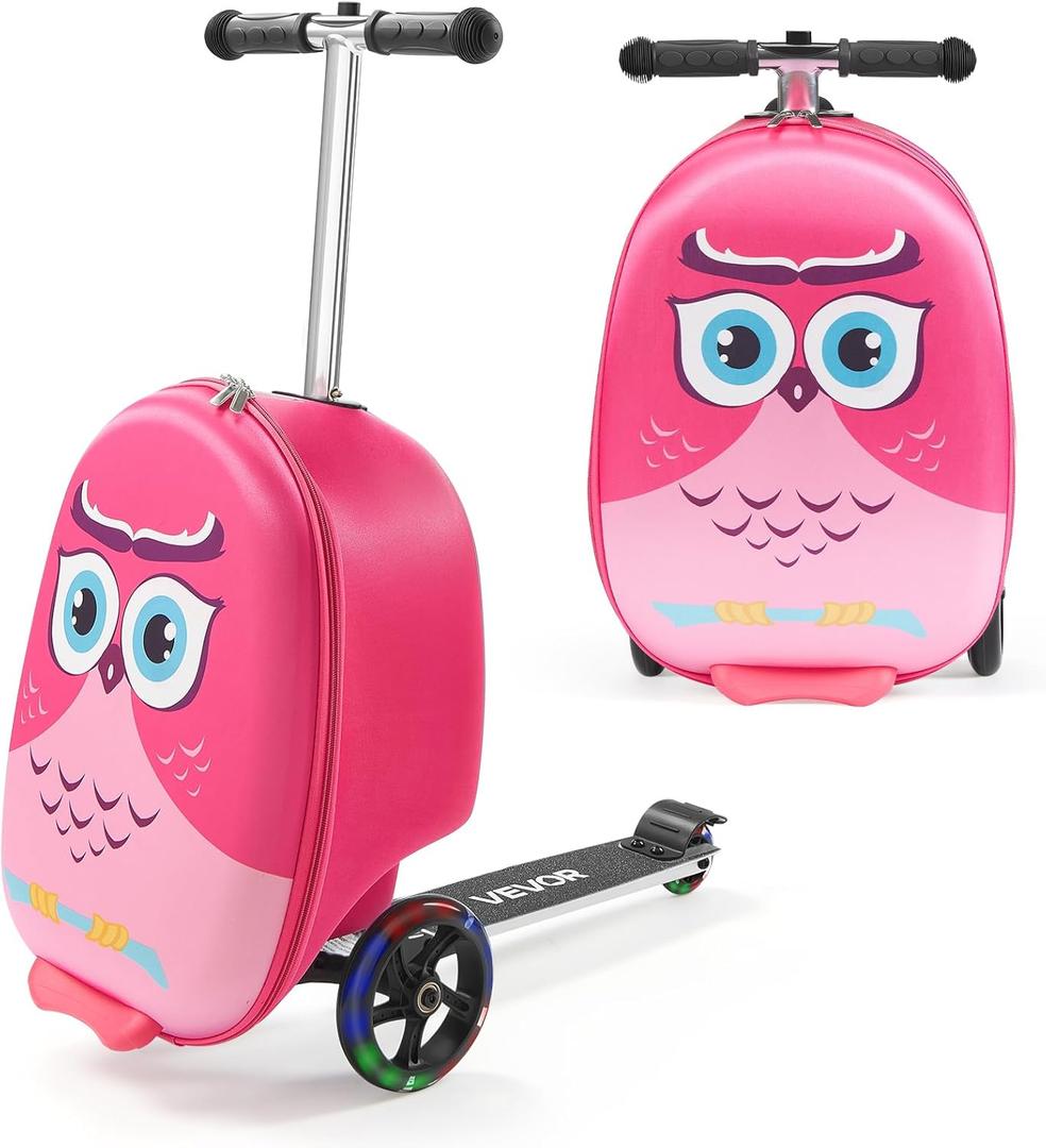VEVOR Ride-on Luggage, 20 L Capacity, 20 Inches Kids Scooter Suitcase with Flash PU Wheels, Adjustable Handle & TPR Non-Slip Grip, Foldable & Lightweight Scooter Luggage for Kids Aged 5+, Pink, 20 Inches Single