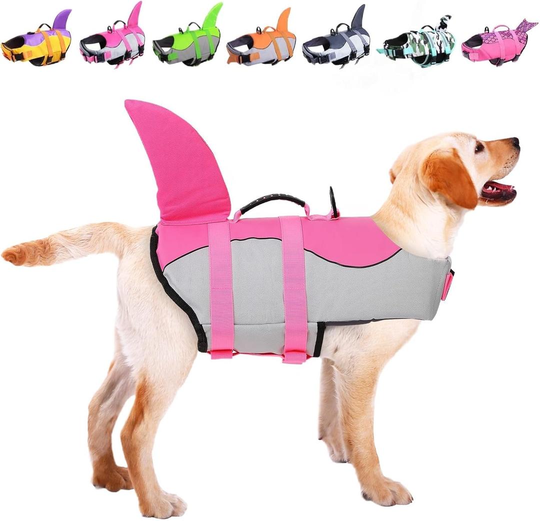 ASENKU Dog Life Jacket Ripstop Pet Floatation Vest Saver Swimsuit Preserver for Water Safety at The Pool, Beach, Boating (2XL, Shark Pink)