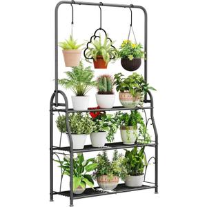 SORCEDAS Plant Stand Indoor Outdoor 3 Tier Tall Corner Hanging Plant Shelf Metal Flower Stands Ladder Plant Holder for Living Room Balcony Garden Patio Multiple Plants, Dark Grey