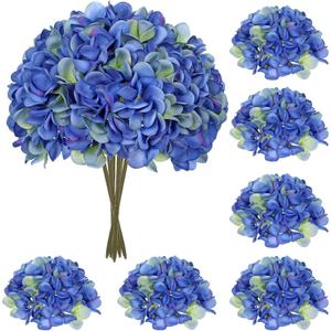 Hollyone 6 Pcs Blue Hydrangea Artificial Flowers Heads with Stems Silk Faux Hydrangea Blue Fake Flowers for Home Indoor Outdoor DIY Floral Wedding Flower Bouquets Kitchen Table Centerpiece Decor