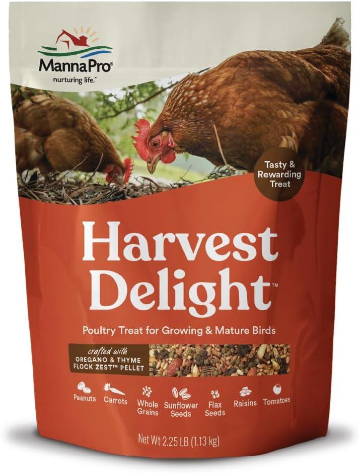 Manna Pro Harvest Delight Poultry Treat, Whole Grain & Seed Mix with Fruits & Vegetables, 14% Protein Snack for Chickens, Ducks & Mixed Flocks, 2.25 lb (EXP 10/01/26)